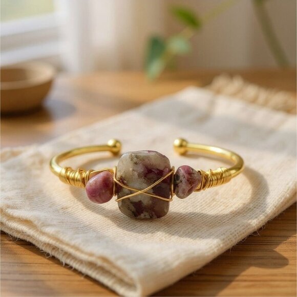 Hand Crafted Jewelry - Pink Tourmaline ✦ Wire Wrap Cuff ✦ 14Kt Gold Over Copper Handmade Bracelet